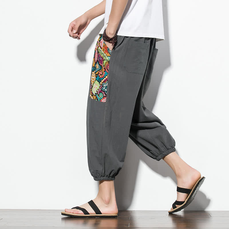 Nimara Ritual Summer Casual Boho Drawstring Abstract Capri Pants Men's Harem Pants With Pocket