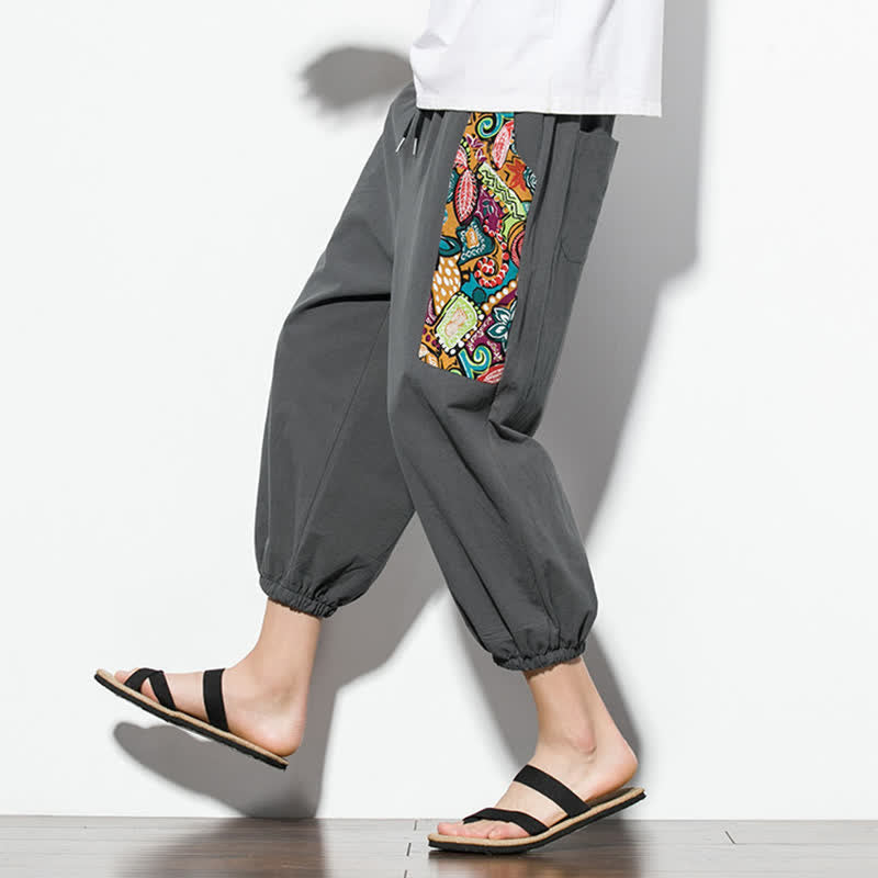 Nimara Ritual Summer Casual Boho Drawstring Abstract Capri Pants Men's Harem Pants With Pocket