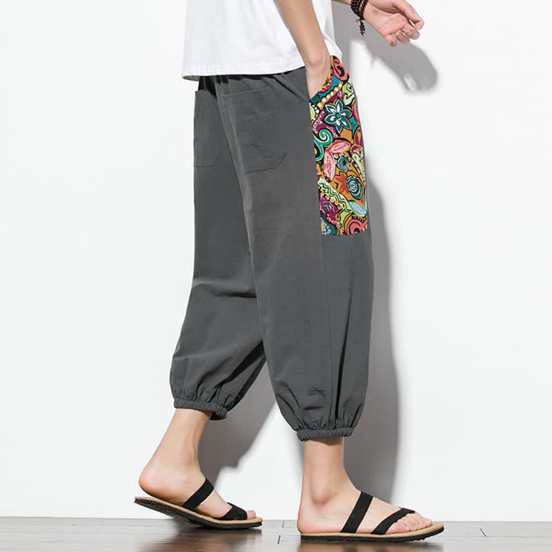 Nimara Ritual Summer Casual Boho Drawstring Abstract Capri Pants Men's Harem Pants With Pocket