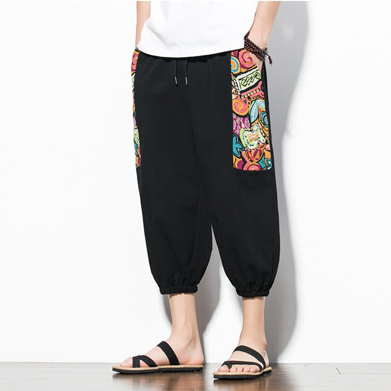 Nimara Ritual Summer Casual Boho Drawstring Abstract Capri Pants Men's Harem Pants With Pocket