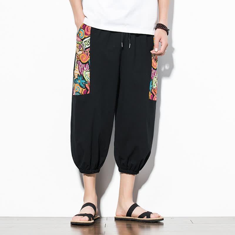 Nimara Ritual Summer Casual Boho Drawstring Abstract Capri Pants Men's Harem Pants With Pocket