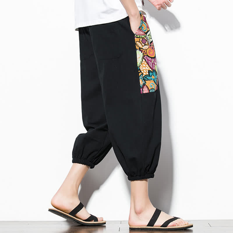 Nimara Ritual Summer Casual Boho Drawstring Abstract Capri Pants Men's Harem Pants With Pocket