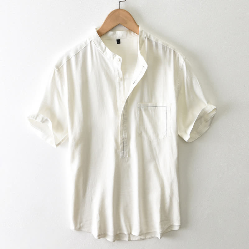 Nimara Ritual Summer Casual Tang Style Mandarin Collar Button-Up Solid Men's Short Sleeve Shirts With Pocket
