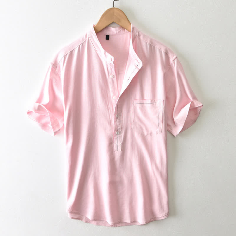 Nimara Ritual Summer Casual Tang Style Mandarin Collar Button-Up Solid Men's Short Sleeve Shirts With Pocket