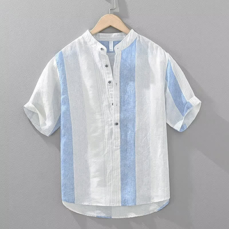 Nimara Ritual Summer Casual Tang Style Mandarin Collar Striped Men's Short Sleeve Shirts