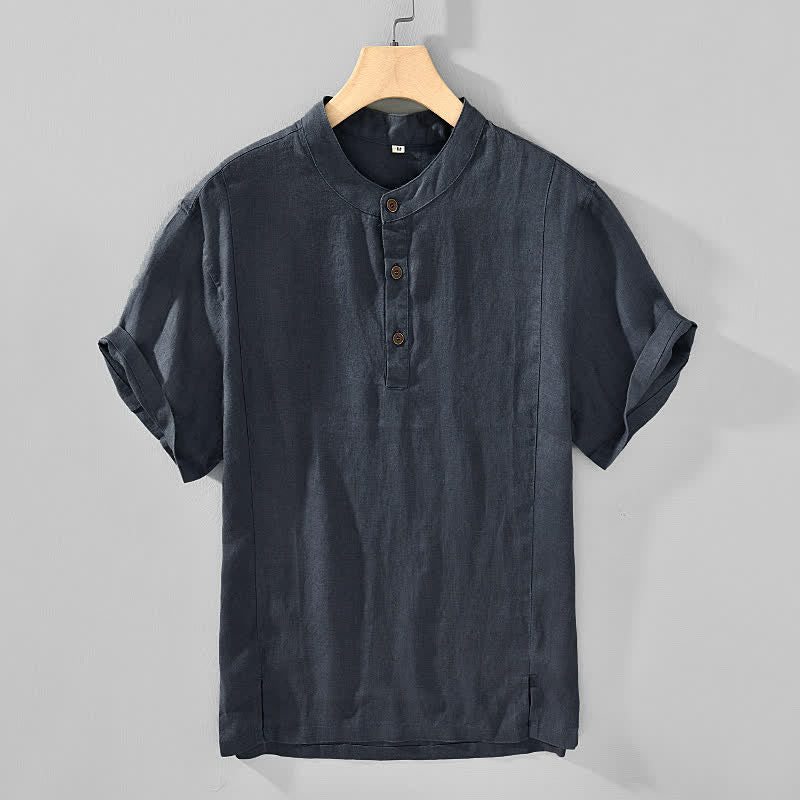 Nimara Ritual Summer Tang Style Casual Mandarin Collar Button Up Solid Men's Short Sleeve Shirts