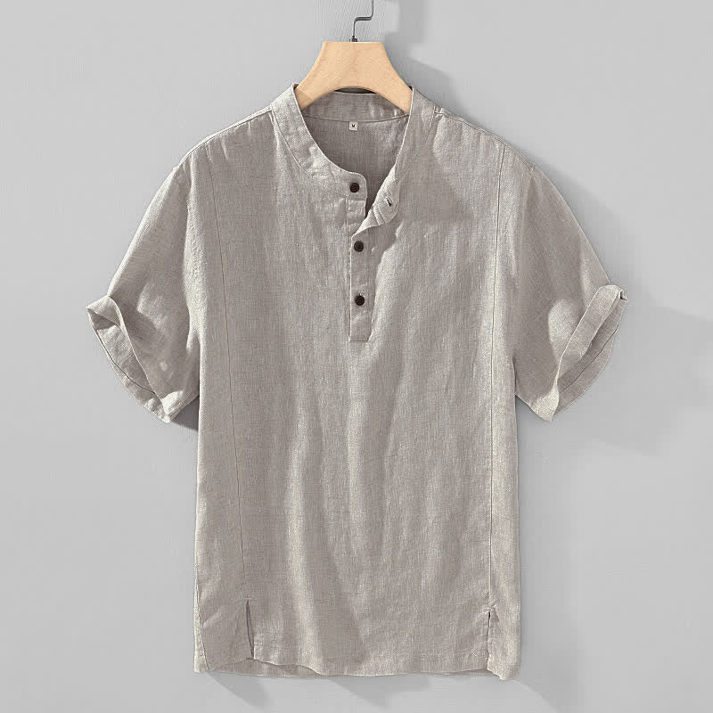 Nimara Ritual Summer Tang Style Casual Mandarin Collar Button Up Solid Men's Short Sleeve Shirts