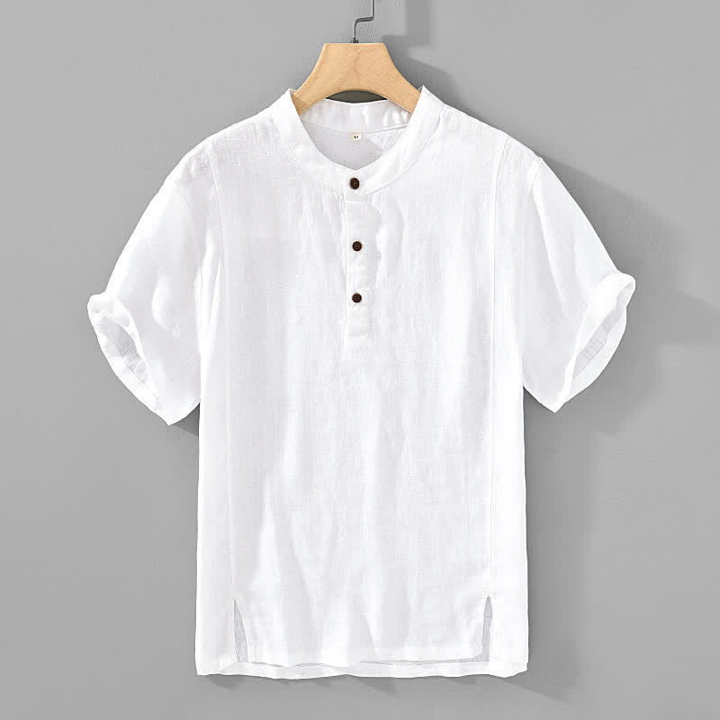 Nimara Ritual Summer Tang Style Casual Mandarin Collar Button Up Solid Men's Short Sleeve Shirts