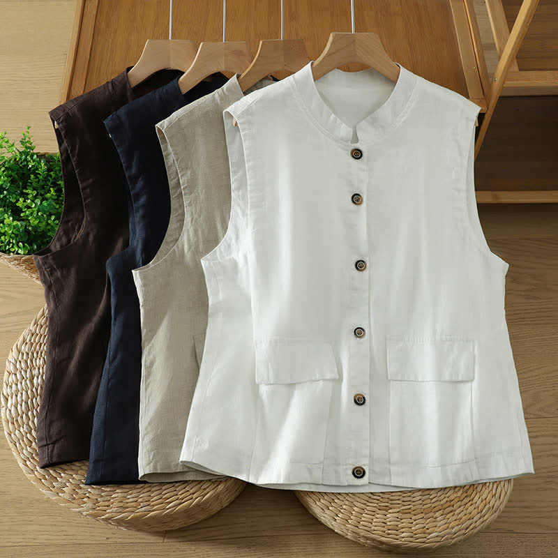 Nimara Ritual Summer Tang Style Minimalist Mandarin Collar Button-Up Solid Women's Sleeveless Shirts Tank Top With Pocket