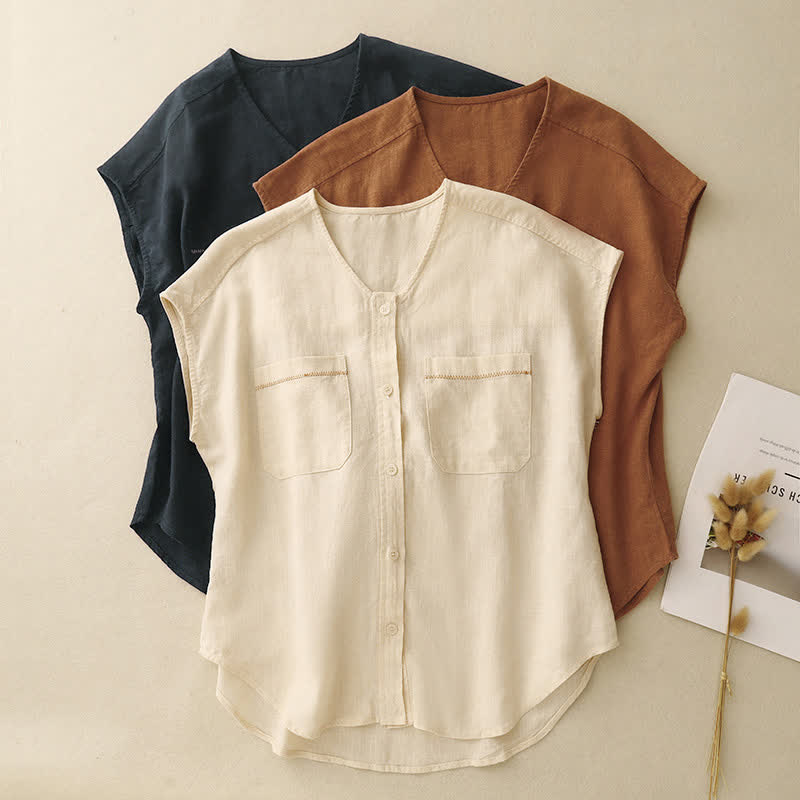 Nimara Ritual Summer Casual Minimalist Button-Up Patch Pocket Solid Women's Sleeveless Shirts Tank Top With Pocket