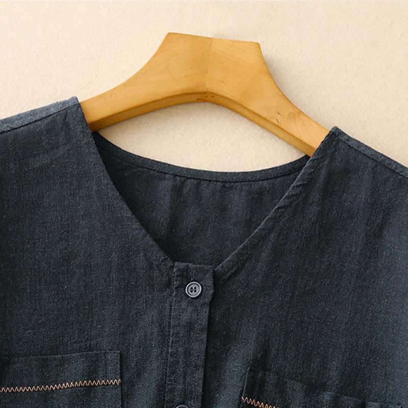 Nimara Ritual Summer Casual Minimalist Button-Up Patch Pocket Solid Women's Sleeveless Shirts Tank Top With Pocket
