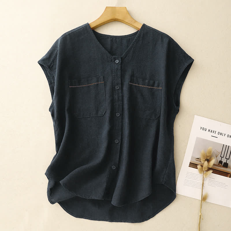 Nimara Ritual Summer Casual Minimalist Button-Up Patch Pocket Solid Women's Sleeveless Shirts Tank Top With Pocket