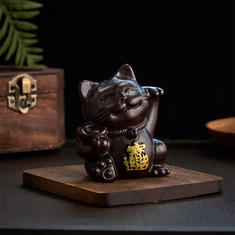 Nimara Ritual Attract Wealth Lucky Cat Ebony Wood Carved Blessing Decoration