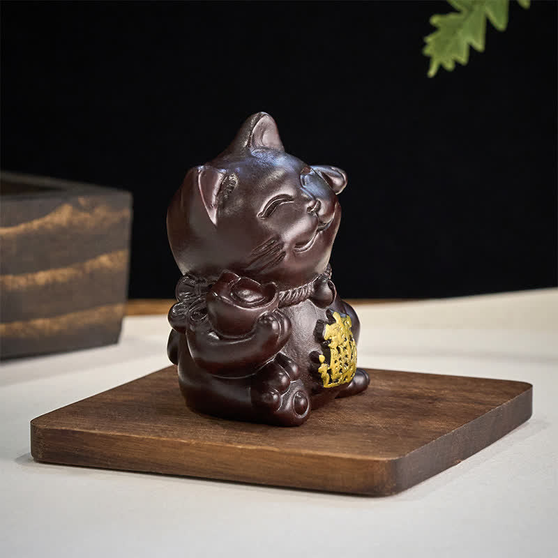 Nimara Ritual Attract Wealth Lucky Cat Ebony Wood Carved Blessing Decoration