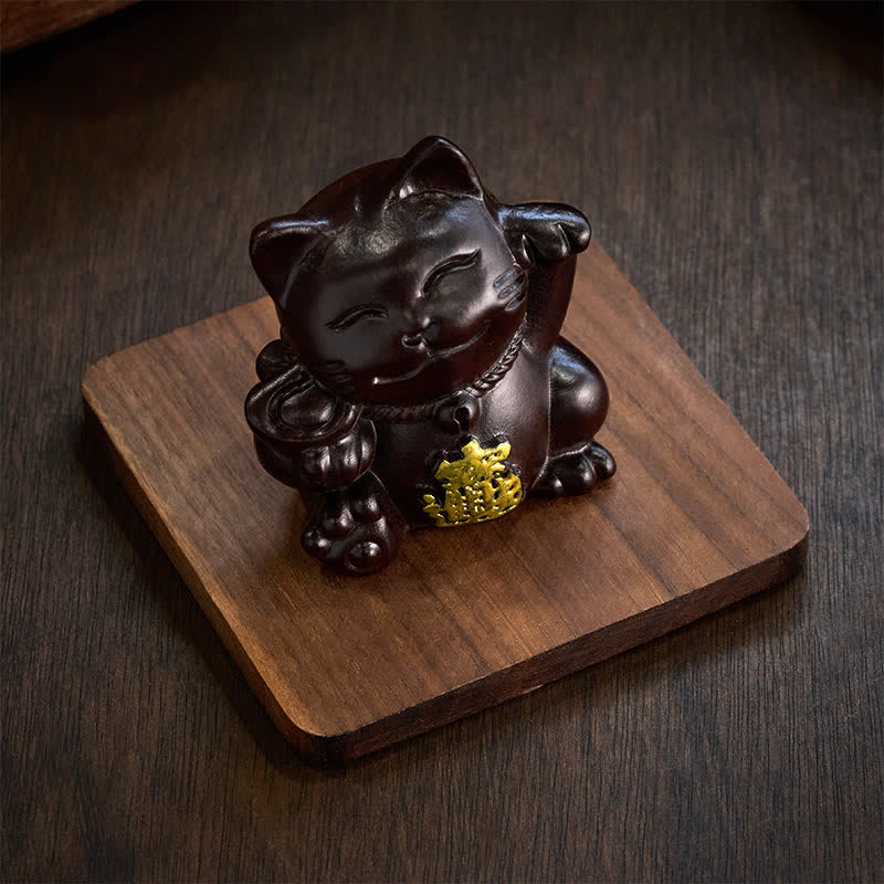 Nimara Ritual Attract Wealth Lucky Cat Ebony Wood Carved Blessing Decoration