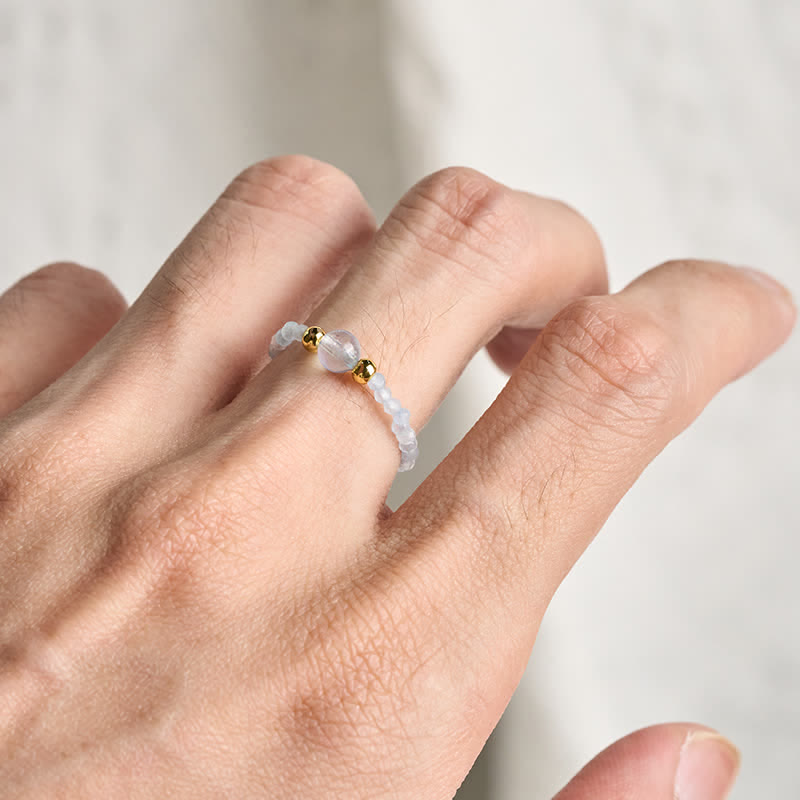 Nimara Ritual 2mm Mini Beads Natural Rhodonite Aquamarine Topaz Rose Quartz Healing Elastic Ring
