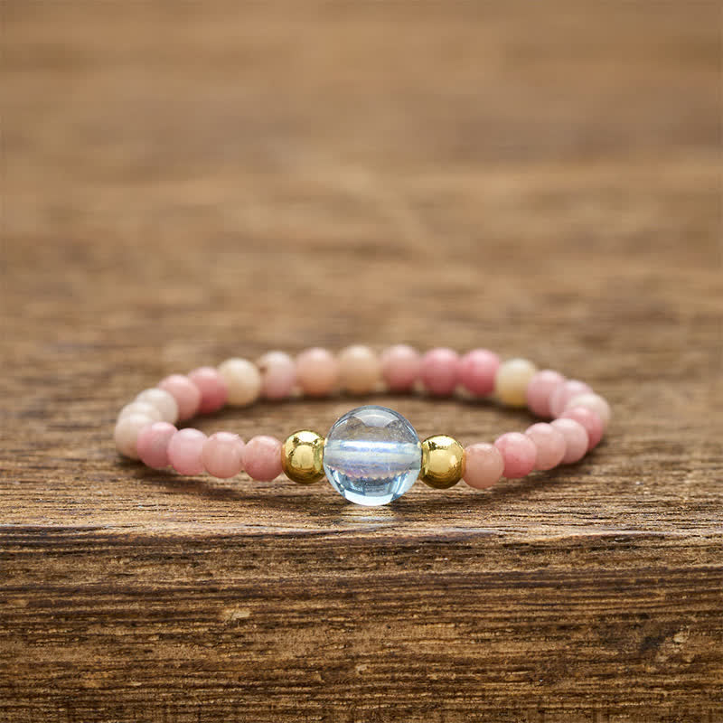 Nimara Ritual 2mm Mini Beads Natural Rhodonite Aquamarine Topaz Rose Quartz Healing Elastic Ring