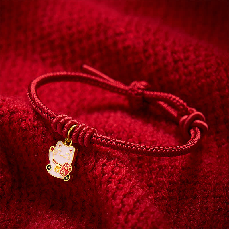 Nimara Ritual Handmade Braided Red String Lucky Cat Bringing Good Fortune Fu Character Adjustable Bracelet
