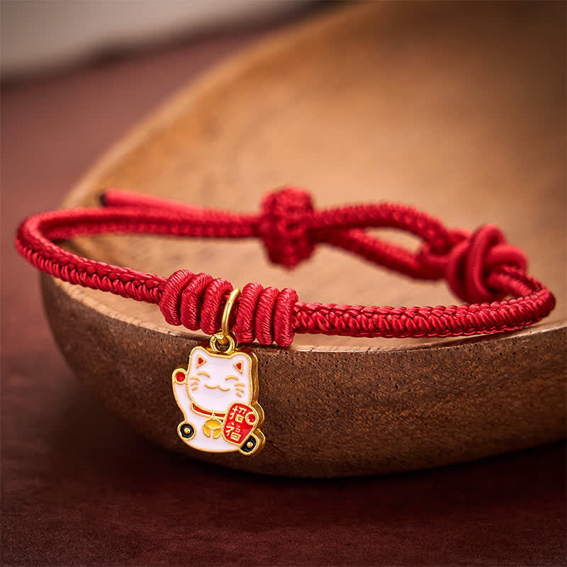 Nimara Ritual Handmade Braided Red String Lucky Cat Bringing Good Fortune Fu Character Adjustable Bracelet