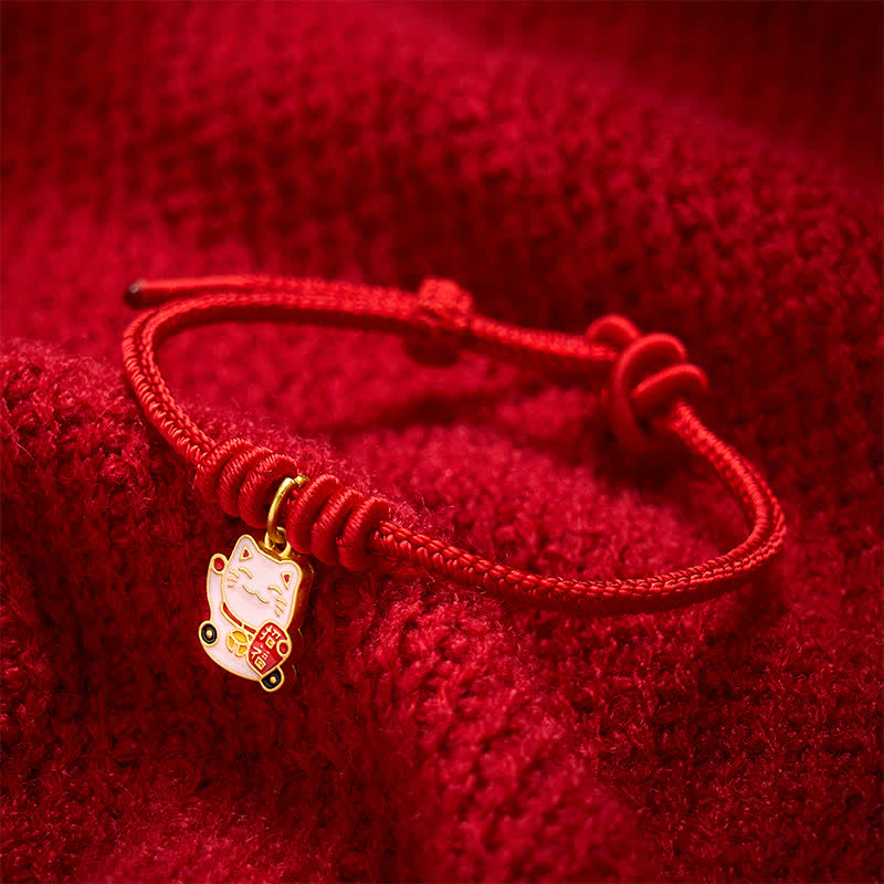 Nimara Ritual Handmade Braided Red String Lucky Cat Bringing Good Fortune Fu Character Adjustable Bracelet