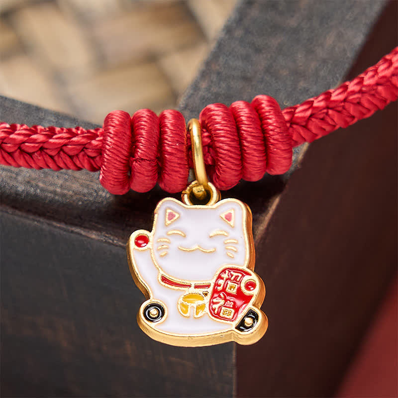 Nimara Ritual Handmade Braided Red String Lucky Cat Bringing Good Fortune Fu Character Adjustable Bracelet