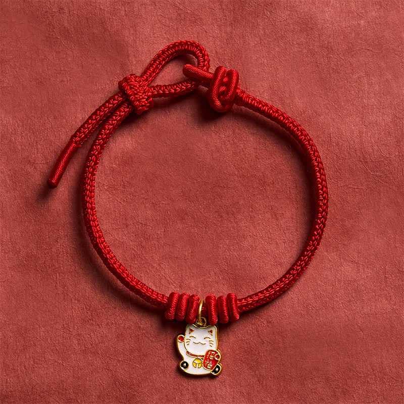 Nimara Ritual Handmade Braided Red String Lucky Cat Bringing Good Fortune Fu Character Adjustable Bracelet