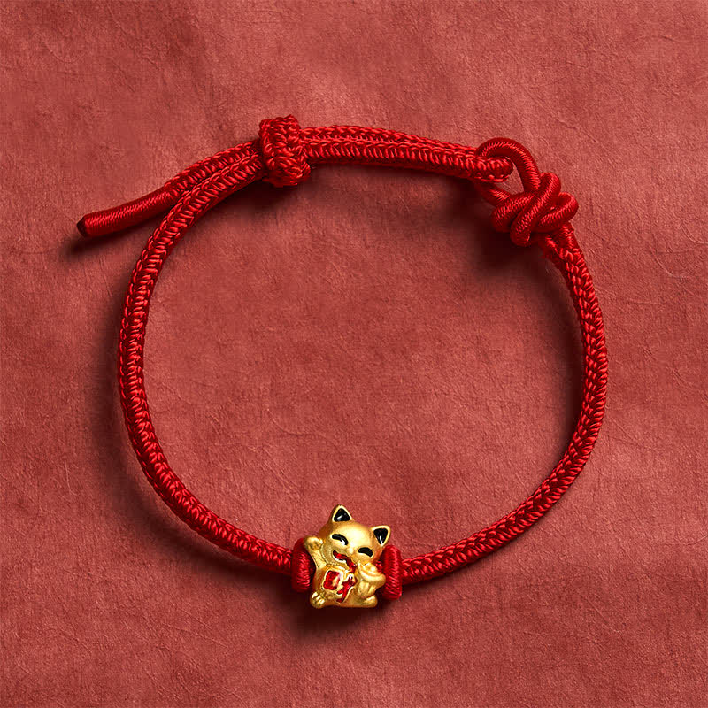 Nimara Ritual Handmade Braided Red String Golden Lucky Cat Fortune Adjustable Bracelet