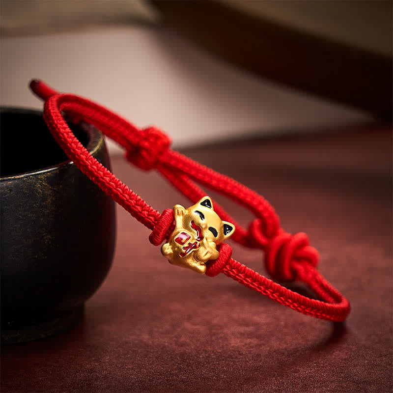 Nimara Ritual Handmade Braided Red String Golden Lucky Cat Fortune Adjustable Bracelet