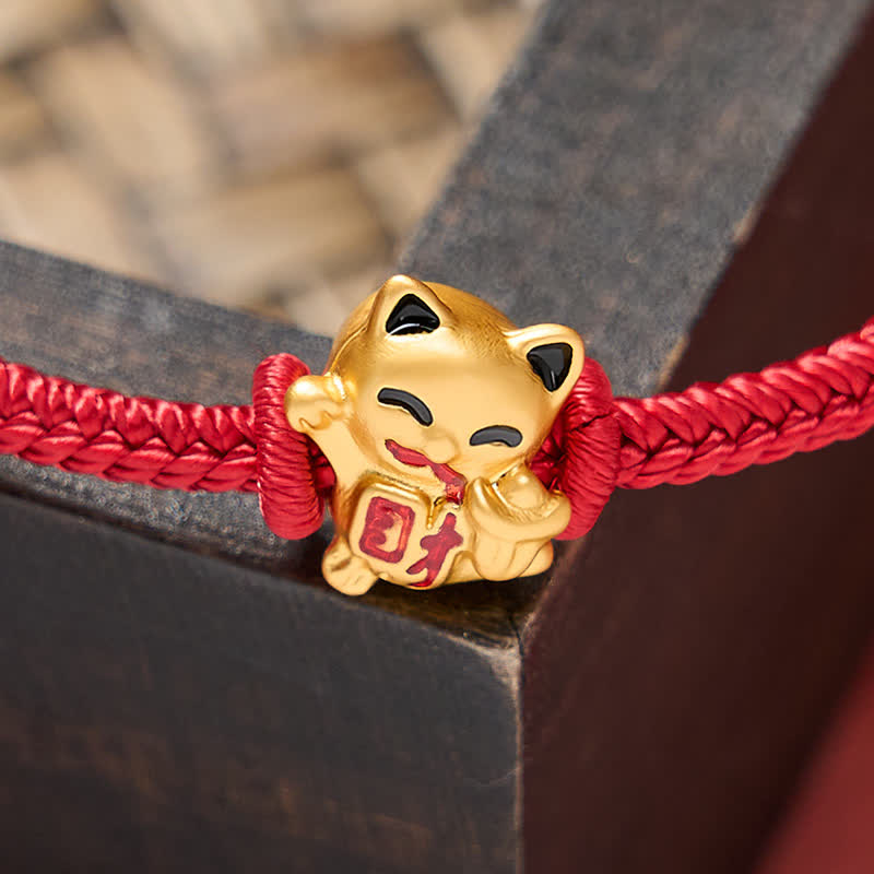 Nimara Ritual Handmade Braided Red String Golden Lucky Cat Fortune Adjustable Bracelet