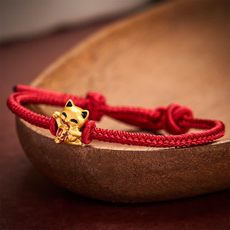Nimara Ritual Handmade Braided Red String Golden Lucky Cat Fortune Adjustable Bracelet