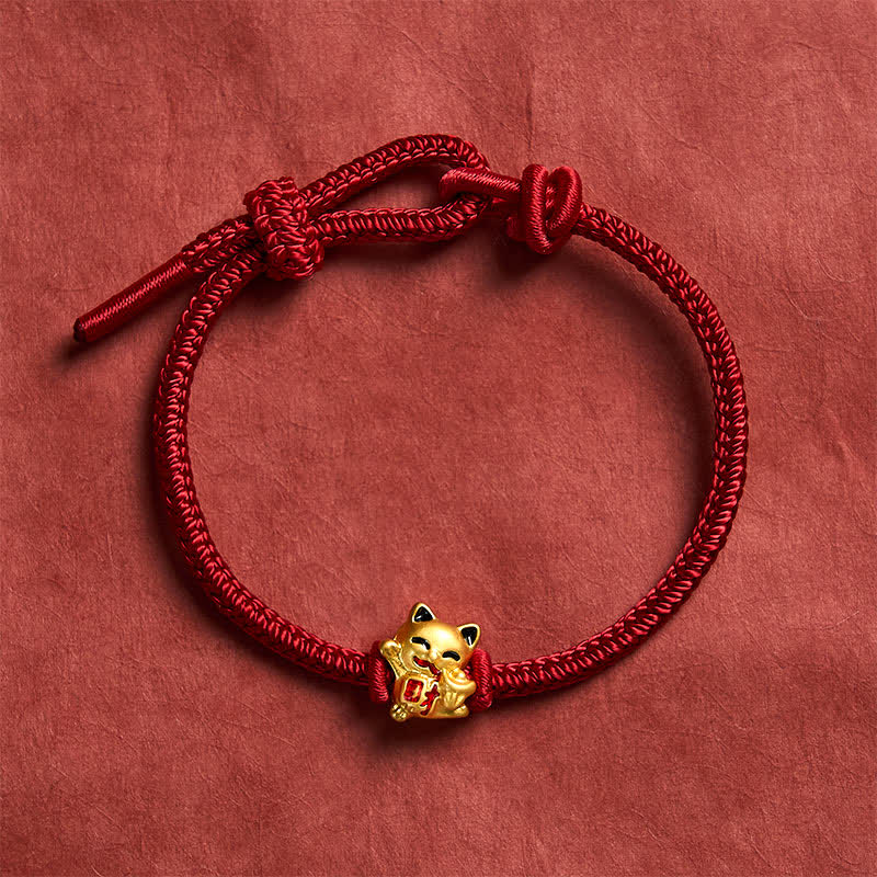 Nimara Ritual Handmade Braided Red String Golden Lucky Cat Fortune Adjustable Bracelet