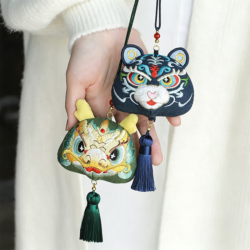 Nimara Ritual Chinese Zodiac Embroidered Dragon Tiger Tassel Luck Cute Animal Decor