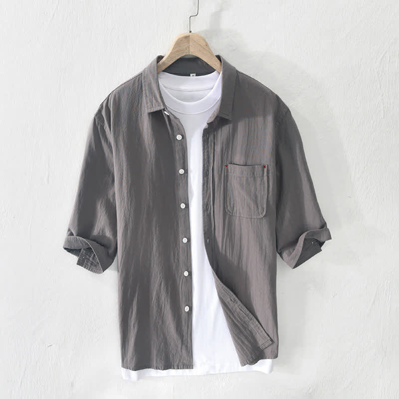Nimara Ritual Summer Casual Minimalist Button-Up Solid Cotton Linen Men's Short Sleeve Shirts With Pocket