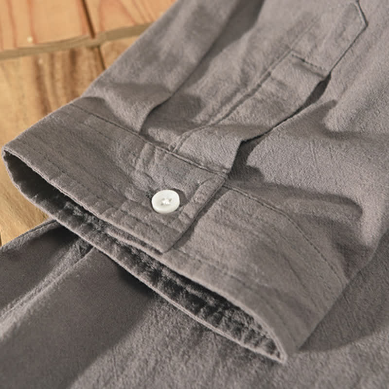 Nimara Ritual Summer Casual Minimalist Button-Up Solid Cotton Linen Men's Short Sleeve Shirts With Pocket