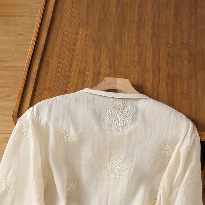 Nimara Ritual Summer Tang Style Vintage Mandarin Collar Frog Button Embroidery Solid Women's Short Sleeve Shirts