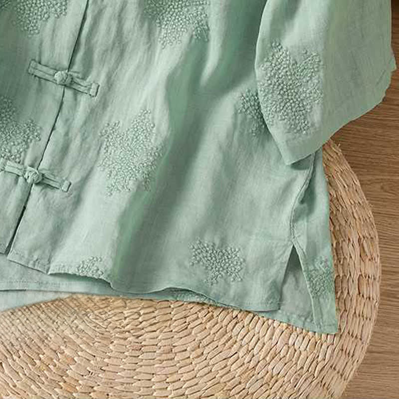 Nimara Ritual Summer Tang Style Vintage Mandarin Collar Frog Button Embroidery Solid Women's Short Sleeve Shirts