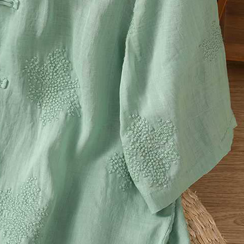 Nimara Ritual Summer Tang Style Vintage Mandarin Collar Frog Button Embroidery Solid Women's Short Sleeve Shirts