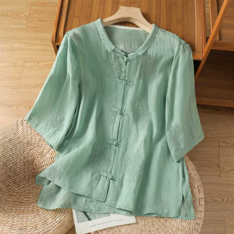 Nimara Ritual Summer Tang Style Vintage Mandarin Collar Frog Button Embroidery Solid Women's Short Sleeve Shirts