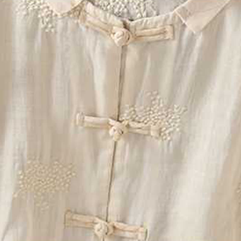 Nimara Ritual Summer Tang Style Vintage Mandarin Collar Frog Button Embroidery Solid Women's Short Sleeve Shirts