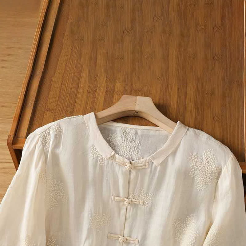 Nimara Ritual Summer Tang Style Vintage Mandarin Collar Frog Button Embroidery Solid Women's Short Sleeve Shirts