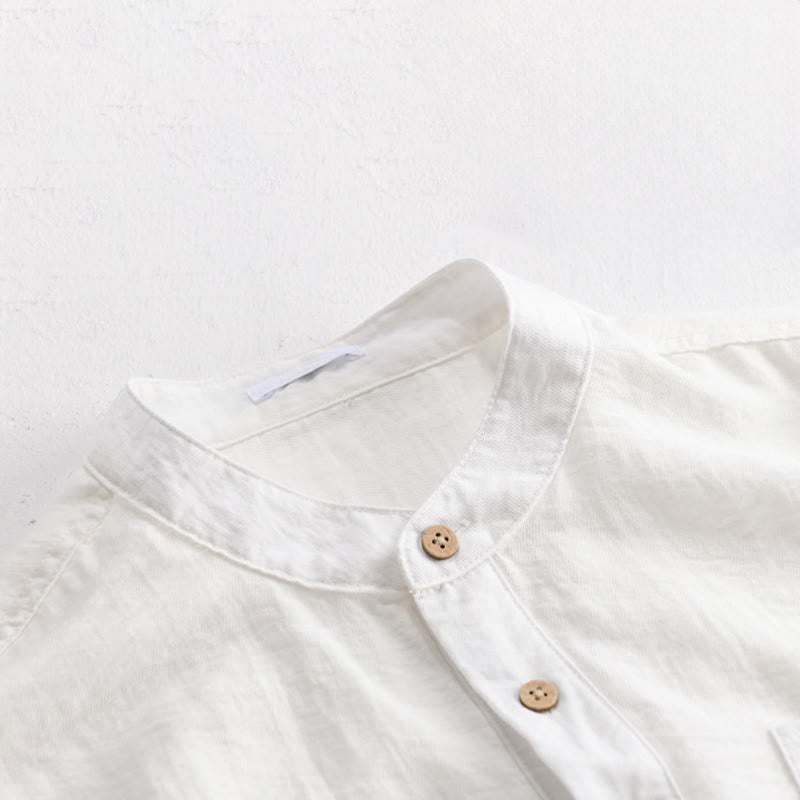 Nimara Ritual Summer Tang Style Casual Mandarin Collar Half Button Solid Men's Short Sleeve Shirts With Patch Pocket