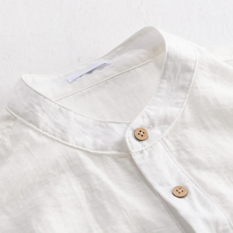 Nimara Ritual Summer Tang Style Casual Mandarin Collar Half Button Solid Men's Short Sleeve Shirts With Patch Pocket