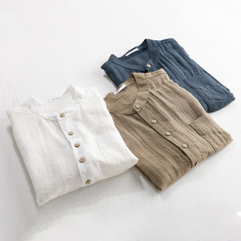 Nimara Ritual Summer Tang Style Casual Mandarin Collar Half Button Solid Men's Short Sleeve Shirts With Patch Pocket