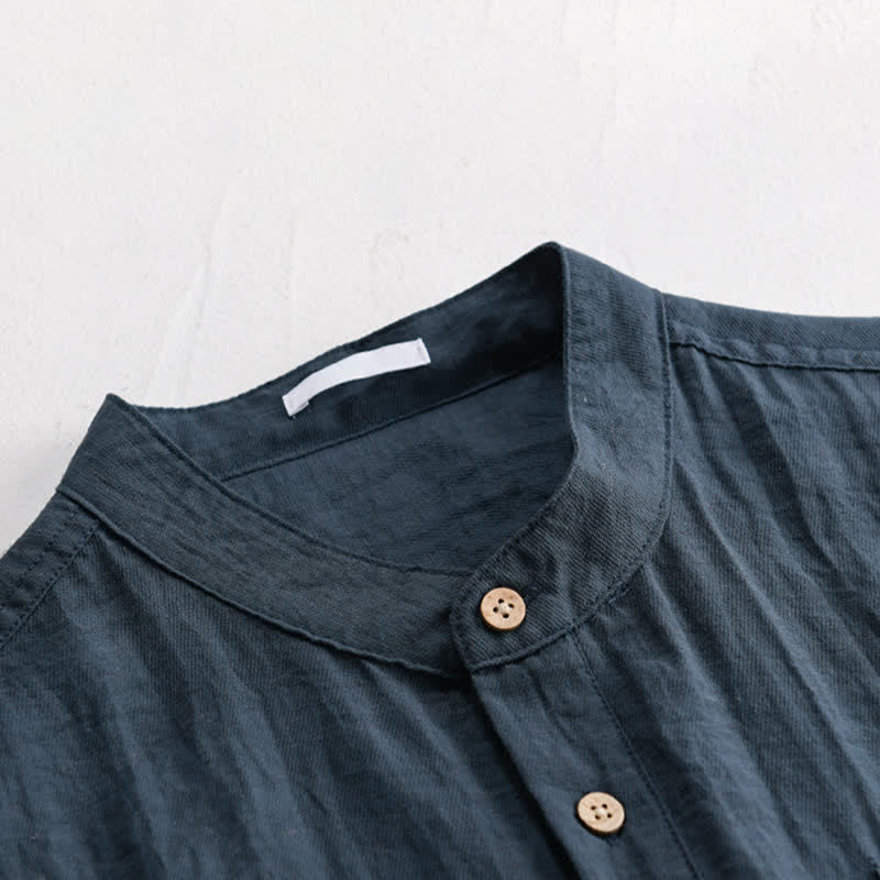 Nimara Ritual Summer Tang Style Casual Mandarin Collar Half Button Solid Men's Short Sleeve Shirts With Patch Pocket