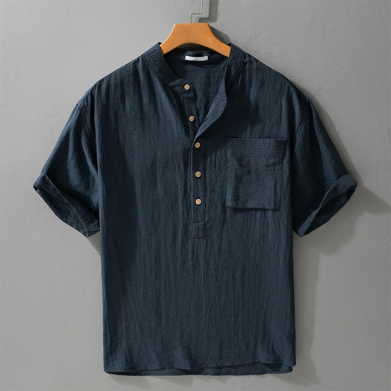 Nimara Ritual Summer Tang Style Casual Mandarin Collar Half Button Solid Men's Short Sleeve Shirts With Patch Pocket