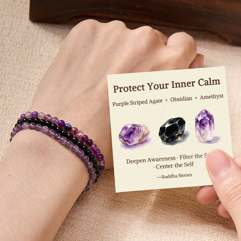 Nimara Ritual 3pcs "Protect Your Inner Calm" Purple Striped Agate Bracelet Includes Gift Message Card