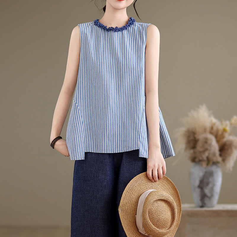 Nimara Ritual Summer Casual Elegant Side Slit Striped Crew Neck Tank Top Women's Sleeveless Shirts