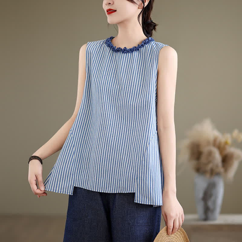 Nimara Ritual Summer Casual Elegant Side Slit Striped Crew Neck Tank Top Women's Sleeveless Shirts