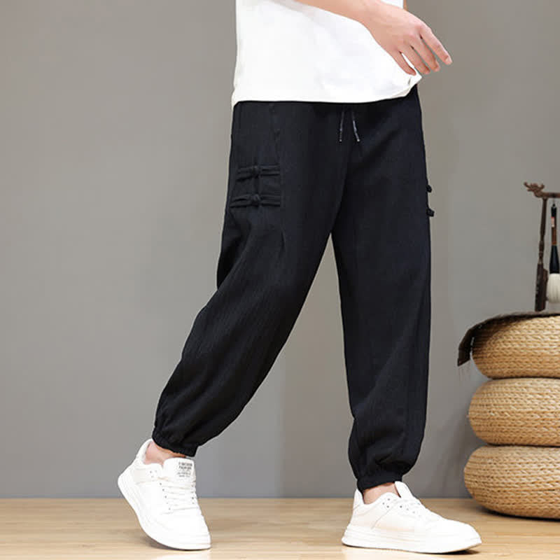 Nimara Ritual Summer Casual Tang Style Solid Cropped Pants Men's Harem Pants With Pockets