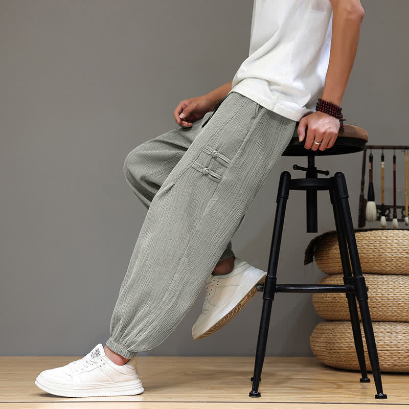 Nimara Ritual Summer Casual Tang Style Solid Cropped Pants Men's Harem Pants With Pockets